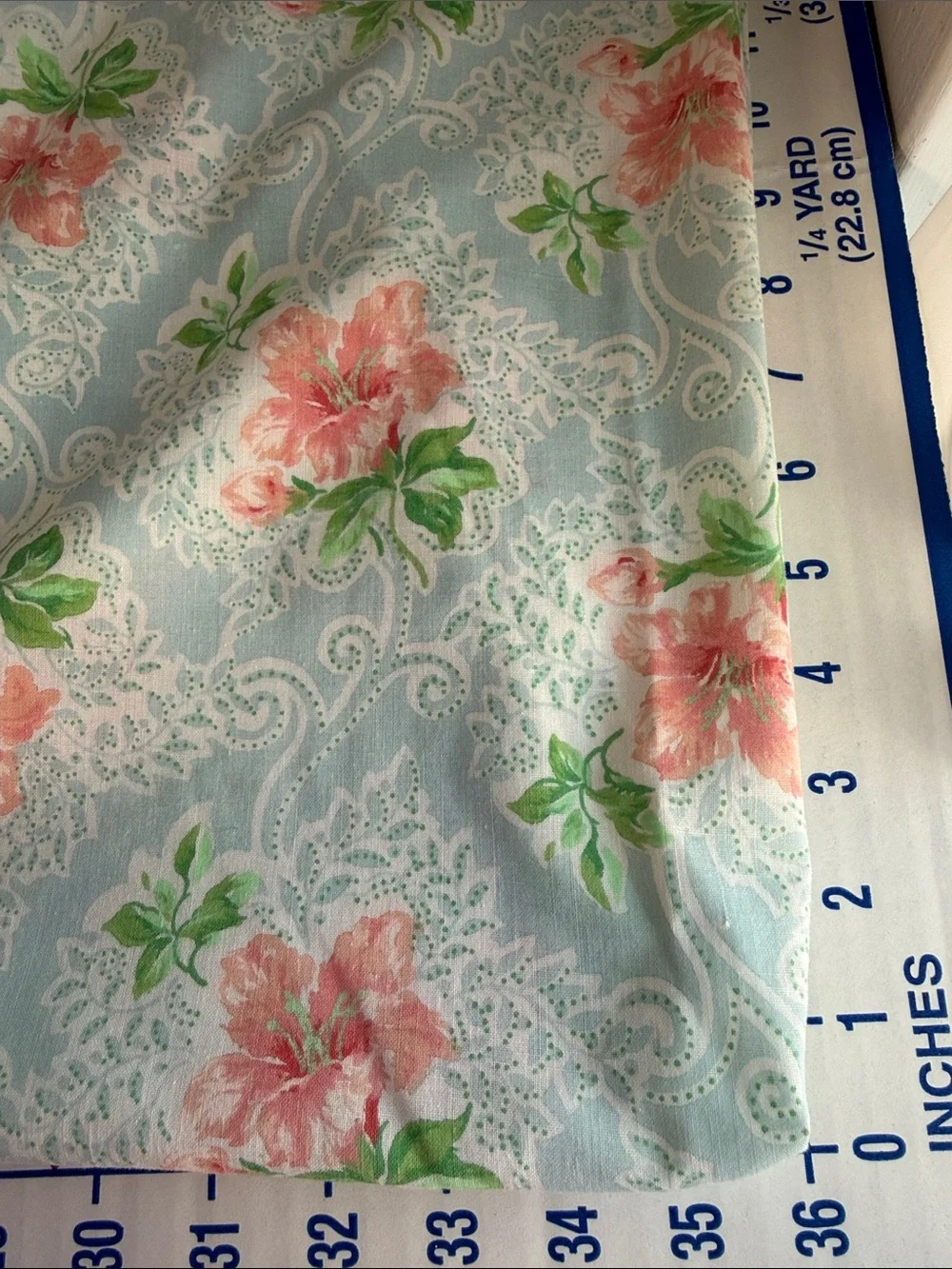 Vintage Blue Pink Floral Cotton Blend Fabric/Flat Sheet 2.5+ Yards x 72” Wide